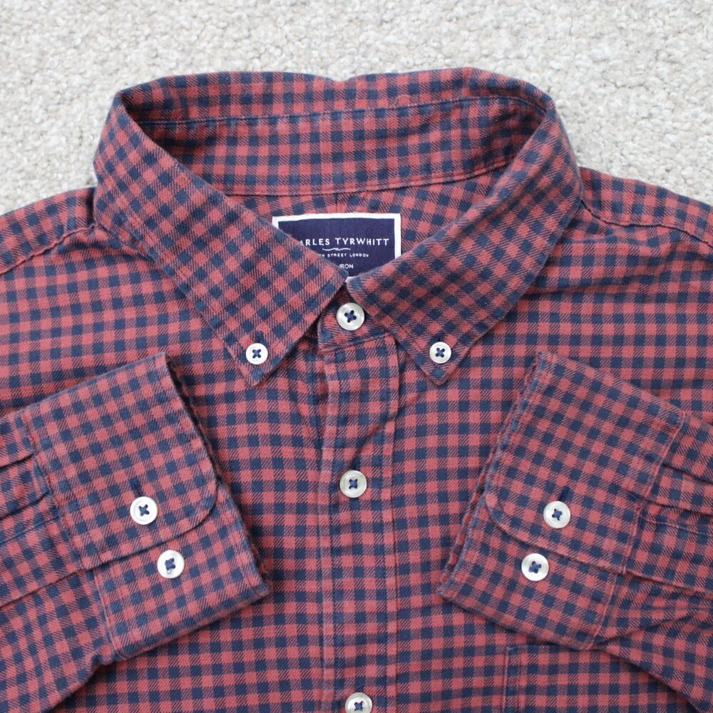 Charles Tyrwhitt Shirt Mens‎ XL Pink/Blue Check Slim Fit Non-Iron Long Sleeve